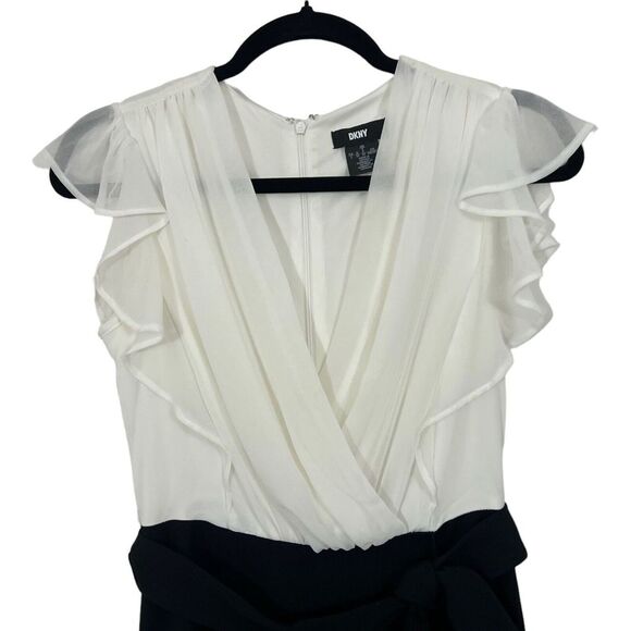 DKNY Womens Size 2 Surplice Ruffle Sleeve Belted Colorblock Dress - Picture 2 of 5